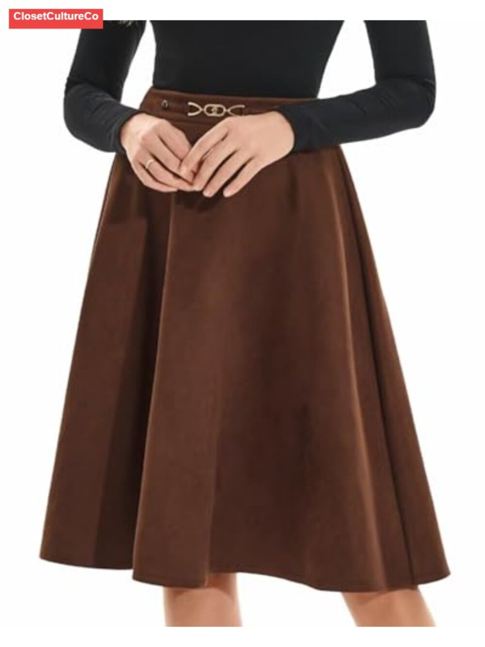 Faux Suede High Waist A Line Skater Midi Skirt Knee Length Flared Stretch
